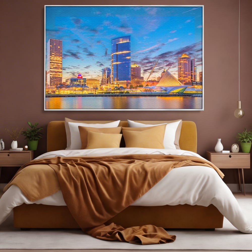 Tablou canvas cu panorami urbana nocturna milwaukee pe apa, in rama de aluminiu argintiu, pe perete intr-un dormitor